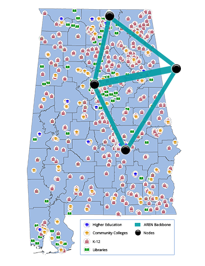 Alabama state map showing ASA clients and network backbone