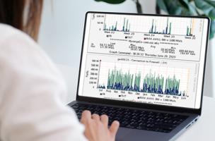 Woman looking at graphs on laptop screen