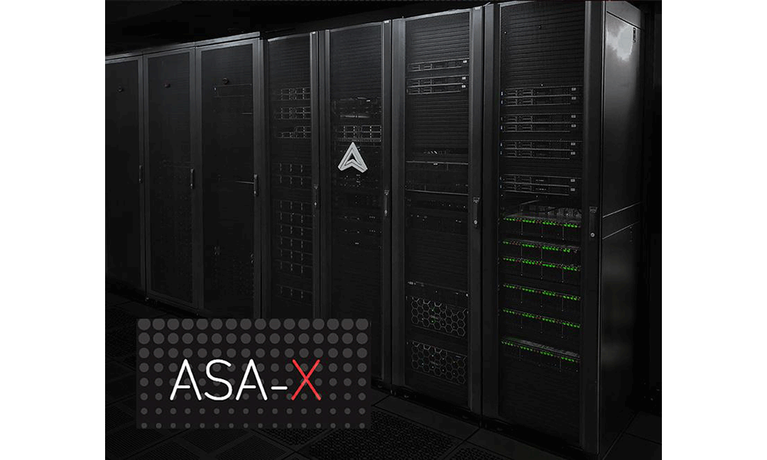 White and red ASA-X logo overlaying photo of black ASA-X supercomputer racks with ASA logo triangle